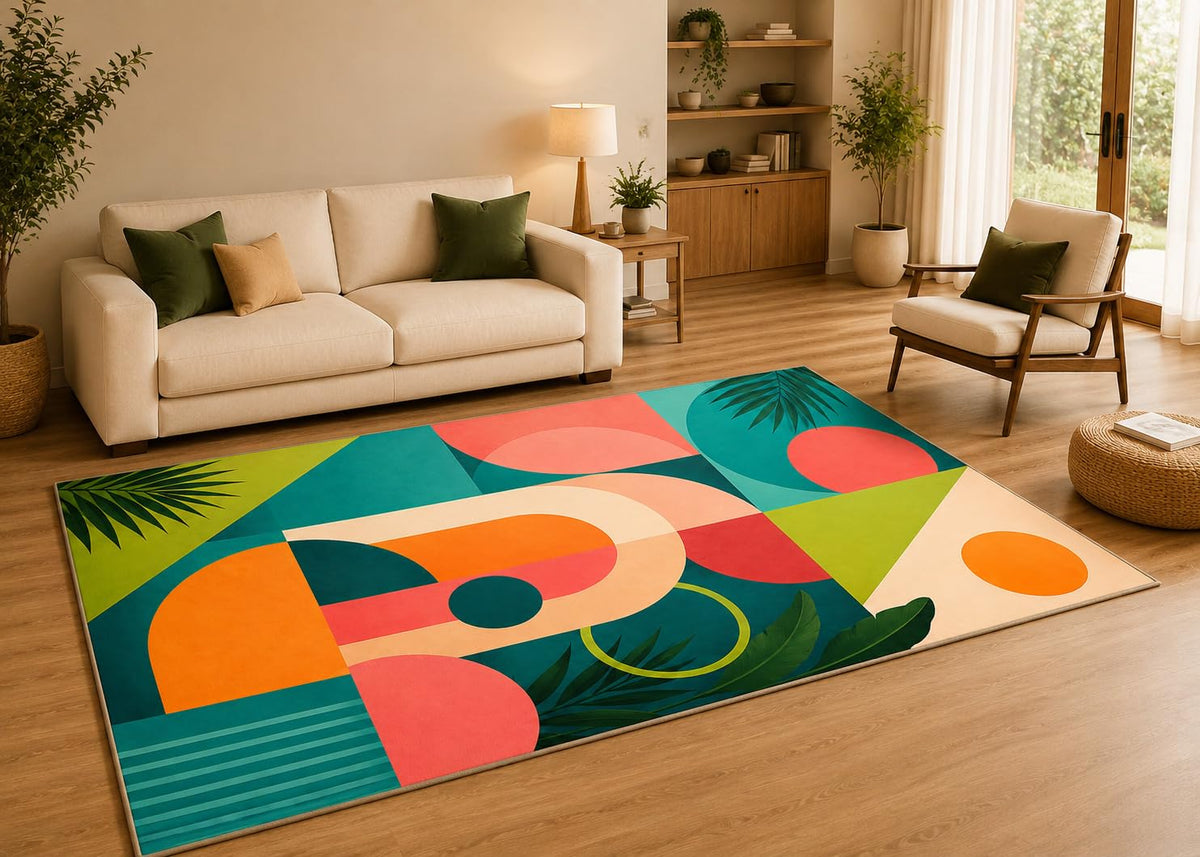 ICE ARMOR 5' x 7' Mid Century Modern Geometric Area Rug with Non-Slip Silicone Backing Low Pile Soft Carpet for Living Room Bedroom Tropical Abstract Decor