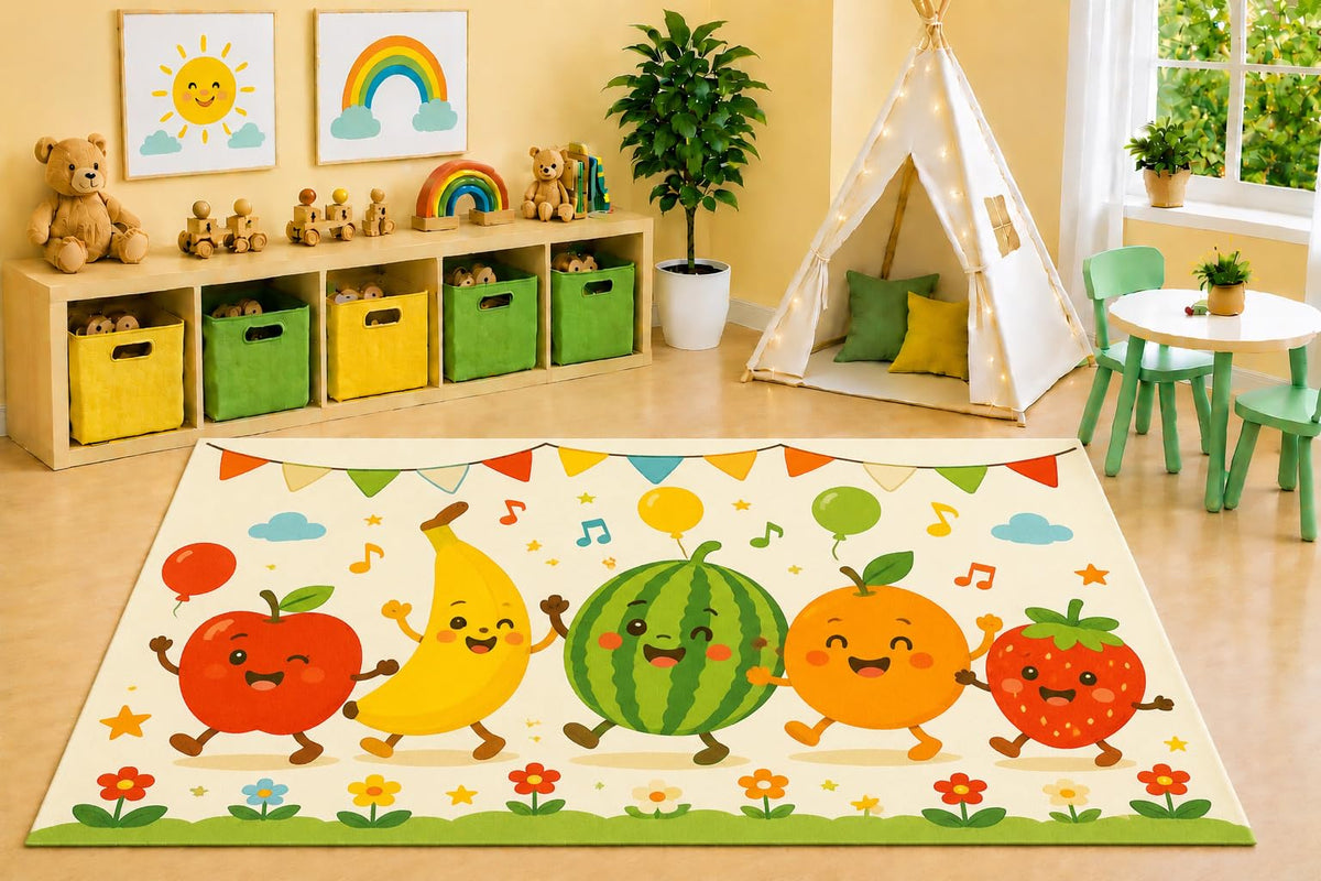 ICE ARMOR 5' x 7' Happy Fruit Parade Area Rug, Cute Kawaii Apple Banana Watermelon Orange Strawberry Kids Playroom Nursery Decor, Non-Slip Silicone Backing Low Pile