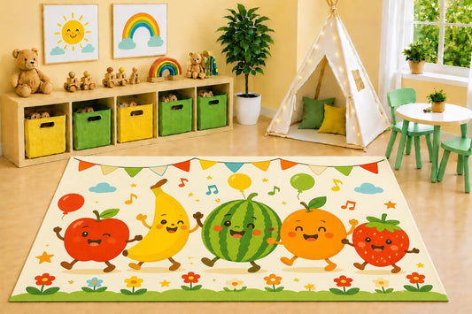 ICE ARMOR 5' x 7' Happy Fruit Parade Area Rug, Cute Kawaii Apple Banana Watermelon Orange Strawberry Kids Playroom Nursery Decor, Non-Slip Silicone Backing Low Pile