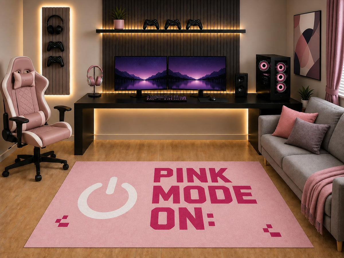 ICE ARMOR "Ultra Light Weight 5' x 7' Pink Mode On Gaming Area Rug Power Button Graphic for Girls Teen Bedroom Gaming Room Playroom Non-Slip Silicone Backing Low Pile