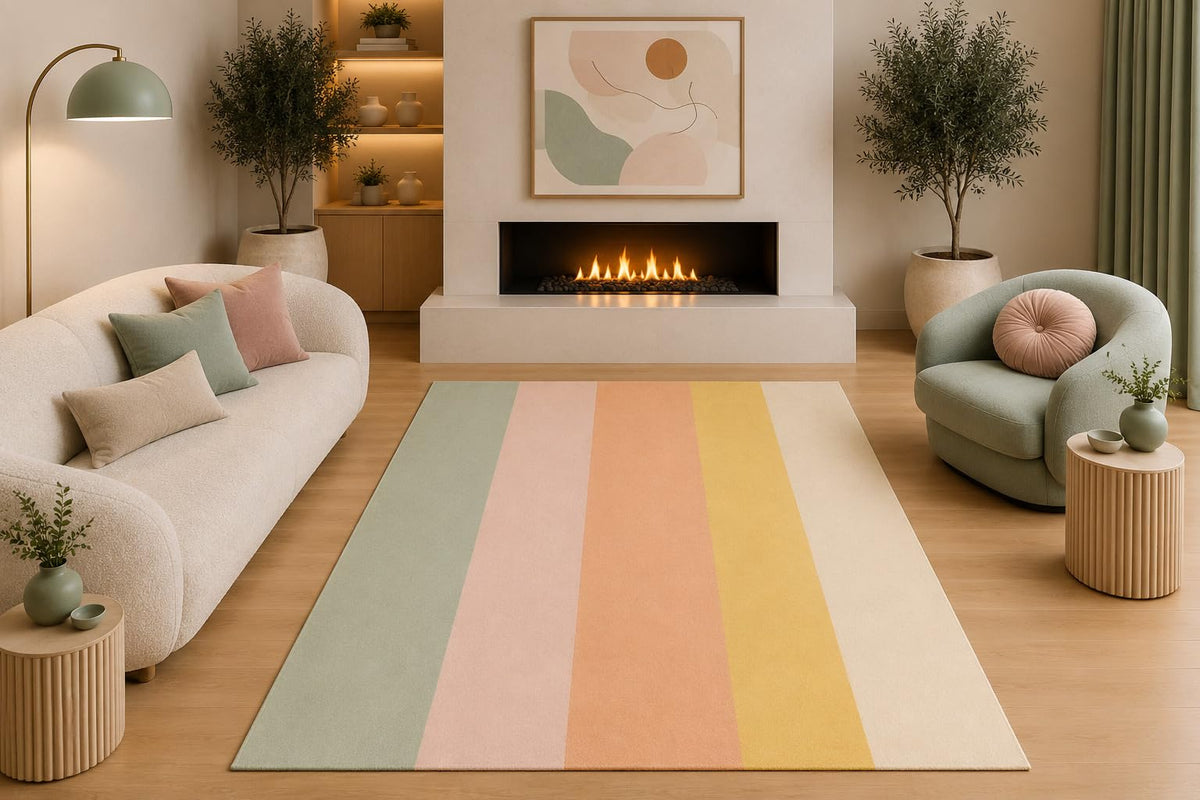 ICE ARMOR 5' x 7' Pastel Striped Area Rug Modern Minimalist Sage Pink Peach Yellow Design for Living Room Bedroom Nursery Non-Slip Silicone Backing Low Pile