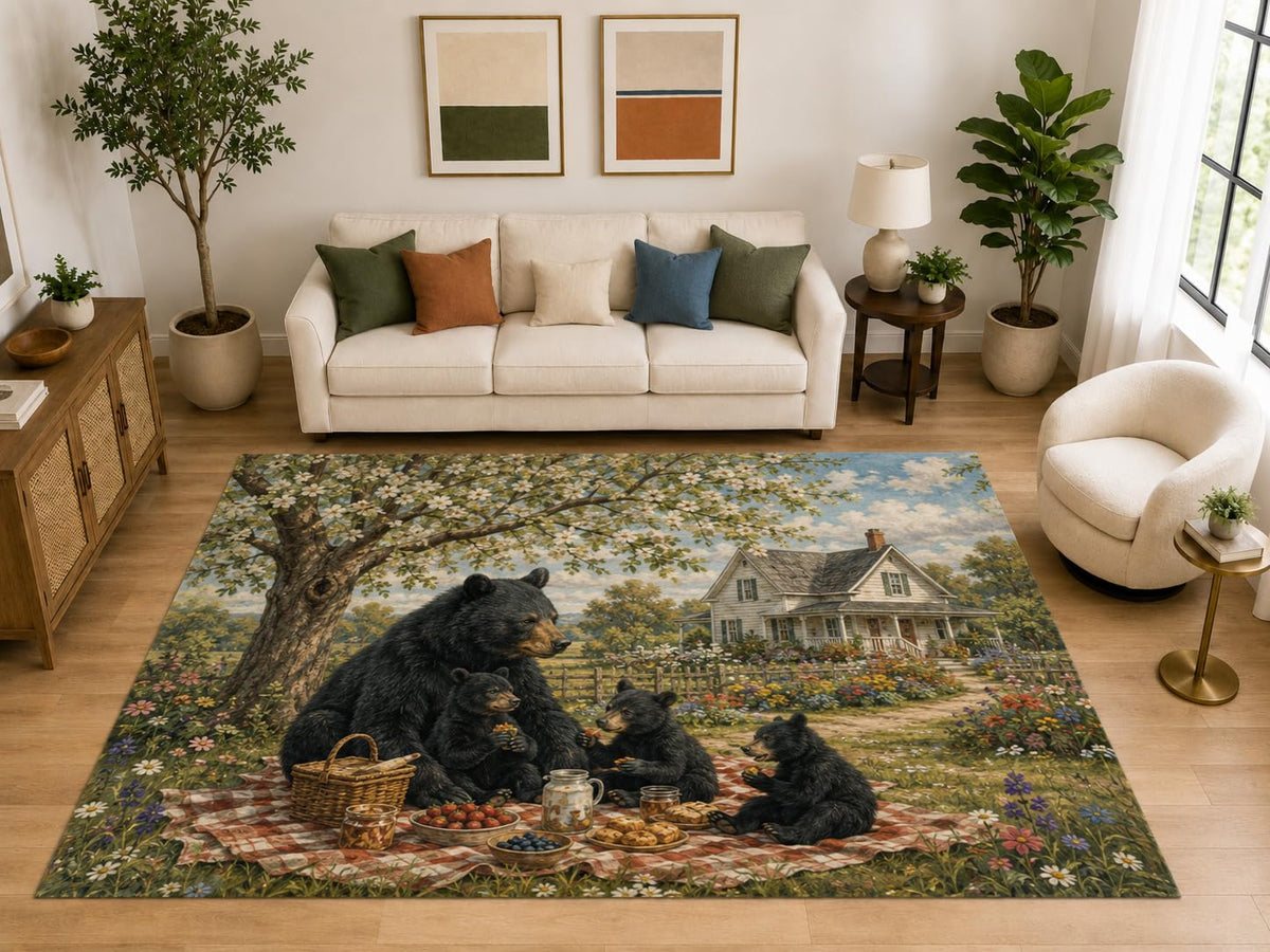 ICE ARMOR "Ultra Light Weight Large 6'7" x 9'10" Bear Family Picnic Area Rug, Soft Low Pile Indoor Rug, Non-Slip Silicone Backing, Living Room, Green