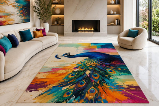 ICE ARMOR "Ultra Lightweight Large 6'7" x 9'10" Peacock Splash Area Rug for Living Room, Bedroom and Home Office, Soft Low Pile Carpet with Non-Slip Silicone Backing, Teal and Orange