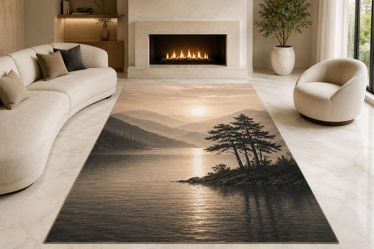 ICE ARMOR "Ultra Lightweight Large 6'7" x 9'10" Misty Lake Sunrise Area Rug for Living Room, Bedroom and Home Office, Soft Low Pile Carpet with Non-Slip Silicone Backing, Gray and Cream