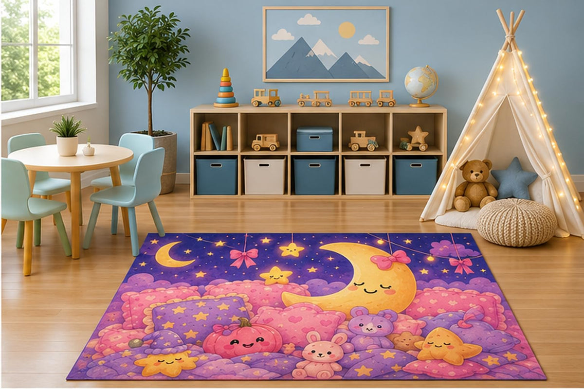 ICE ARMOR 5' x 7' Dreamy Moon Pumpkin Kids Area Rug, Cute Crescent Moon Stars Plush Toys Kawaii Cartoon Playroom Nursery Bedroom Decor, Non-Slip Silicone Backing Low Pile