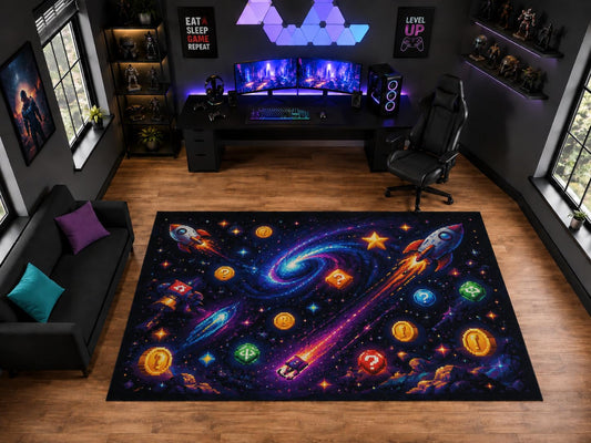 ICE ARMOR "Ultra Light Weight Large 6'7" x 9'10" Pixel Space Rocket and Coin Area Rug for Gaming Room Decor, Soft Low Pile Indoor Rug with Non-Slip Silicone Backing, Black Multicolor