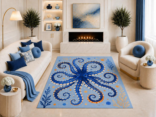 ICE ARMOR "Ultra Light Weight 5' x 7' Blue Octopus Area Rug, Whimsical Coastal Ocean Coral Sea Life Art for Living Room Bedroom Beach House Decor, Non-Slip Silicone Backing Low Pile