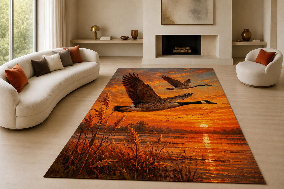 ICE ARMOR "Ultra Lightweight Large 6'7" x 9'10" Sunset Flying Geese Area Rug for Living Room, Bedroom and Home Office, Soft Low Pile Carpet with Non-Slip Silicone Backing, Orange and Brown