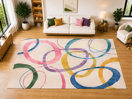 ICE ARMOR "Ultra Light Weight Large 6'7 x 9'10 Watercolor Loop Circles Area Rug for Living Room, Dining Room, and Bedroom, Soft Low Pile Indoor Rug, Creative Floor Decor