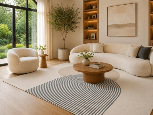 ICE ARMOR 6'7" x 9'10" Gray and Cream Optical Arc Shapes Area Rug for Living Room, Soft Low Pile Carpet with Non-Slip Silicone Backing, Floor Decor for Bedroom, Dining Area and Home Office