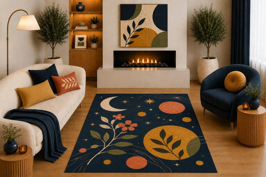 ICE ARMOR "Ultra Light Weight 5' x 7' Celestial Botanical Area Rug Navy Blue Mustard Terracotta Moon Stars Floral Design for Bedroom Living Room Nursery Non-Slip Silicone Backing Low Pile