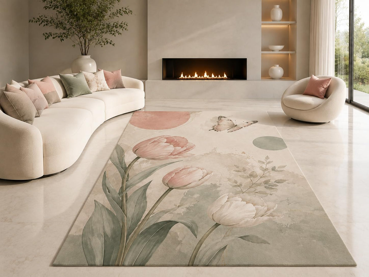ICE ARMOR "Ultra Lightweight Large 6'7" x 9'10" Pastel Tulip Meadow Area Rug for Living Room, Bedroom and Home Office, Soft Low Pile Carpet with Non-Slip Silicone Backing, Cream and Pink