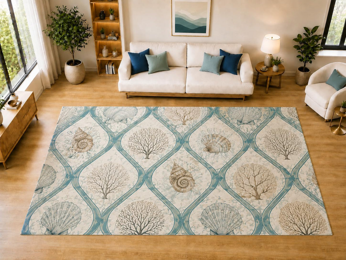 ICE ARMOR "Ultra Light Weight Large 6'7" x 9'10" Shell Coral Trellis Area Rug for Dining, Living Room, Bedroom, Soft Low Pile Indoor Rug with Non-Slip Silicone Backing, Aqua Beige