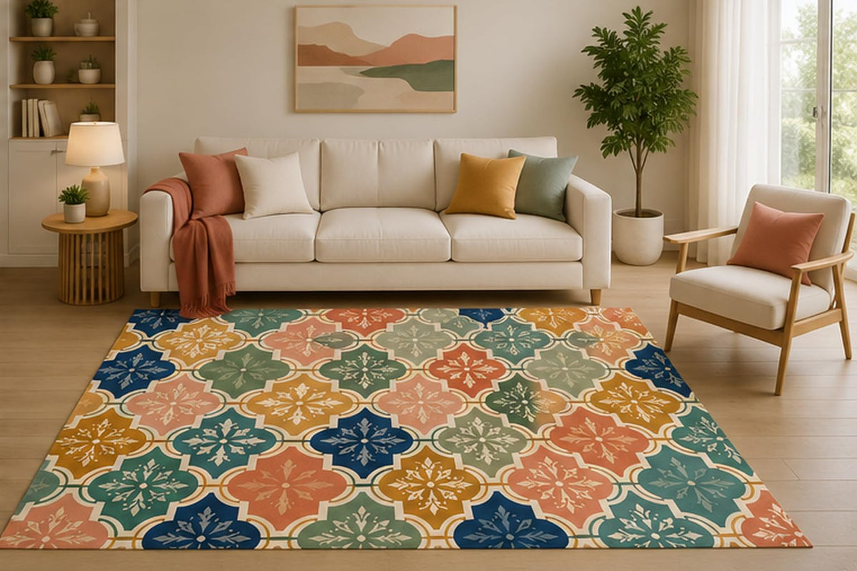 ICE ARMOR 5' x 7' Moroccan Tile Area Rug, Colorful Geometric Trellis Pattern for Bedroom Living Room Nursery, Non-Slip Silicone Backing, Low Pile Carpet