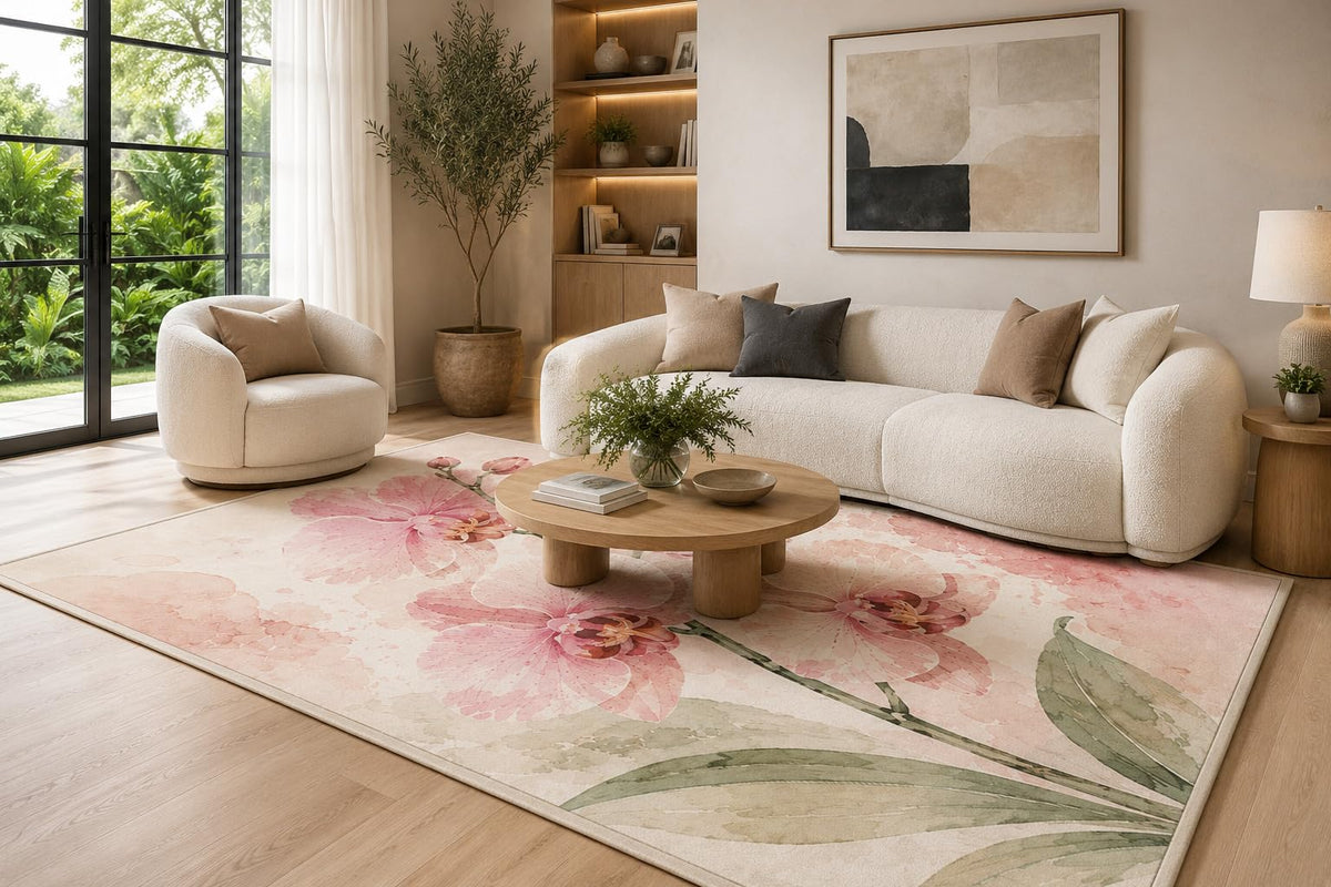 ICE ARMOR 6'7" x 9'10" Pink, Sage Green and Cream Orchid Garden Area Rug for Living Room, Soft Low Pile Carpet with Non-Slip Backing for Bedroom, Dining Room and Office