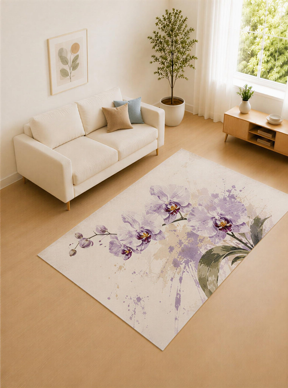 ICE ARMOR 5' x 7' Lavender Purple and Ivory Orchid Splash Area Rug for Living Room, Soft Low Pile Carpet with Non-Slip Silicone Backing, Decor for Bedroom and Home Office