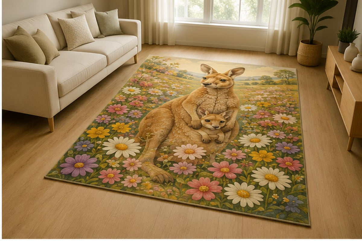 ICE ARMOR 5' x 7' Kangaroo and Joey Wildflower Meadow Area Rug for Living Room, Soft Low Pile Indoor Rug with Non-Slip Silicone Backing, Australian Wildlife Decor for Bedroom, Kids & Pets, Tan
