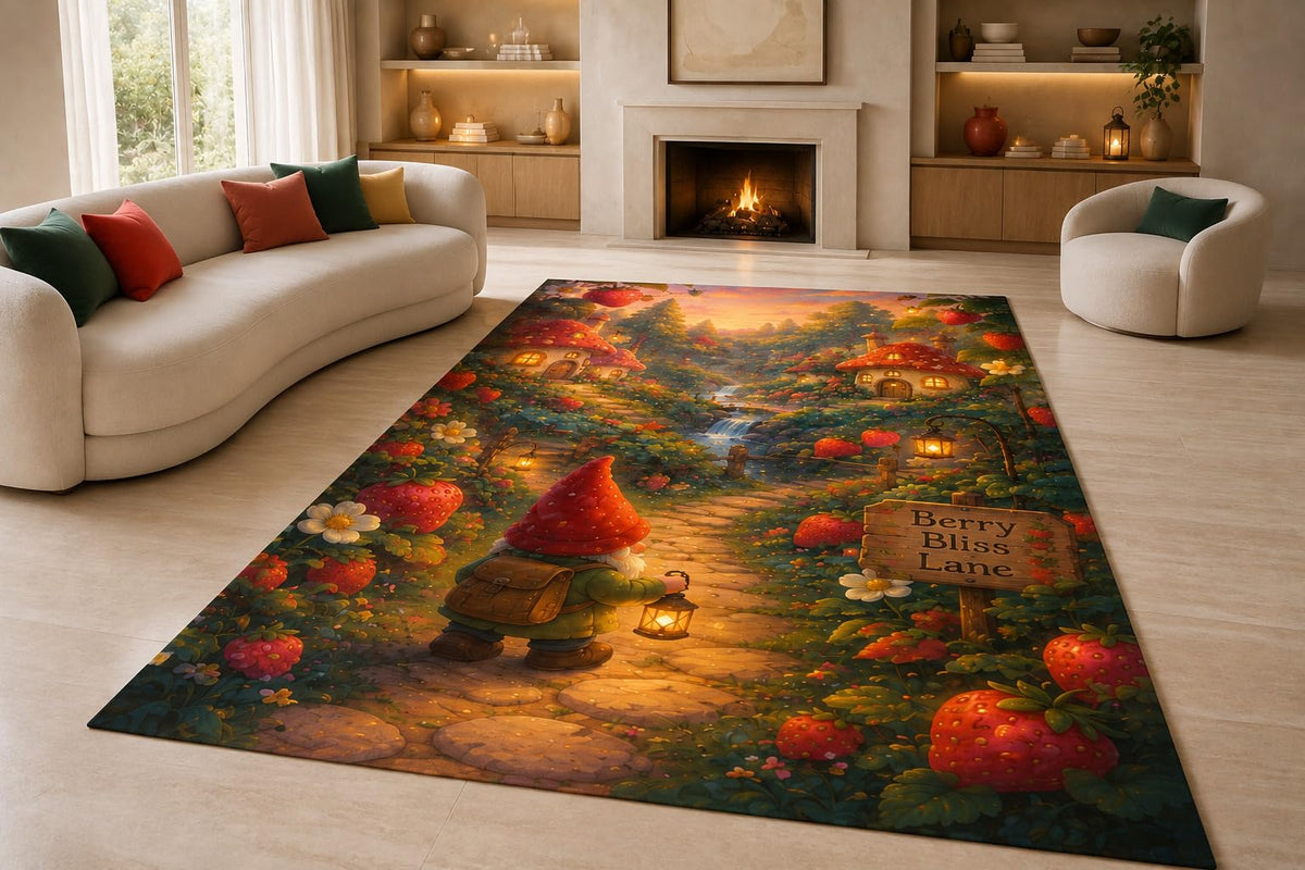 ICE ARMOR "Ultra Lightweight Large 6'7" x 9'10" Gnome Berry Village Area Rug for Living Room, Bedroom and Home Office, Soft Low Pile Carpet with Non-Slip Silicone Backing, Red and Green