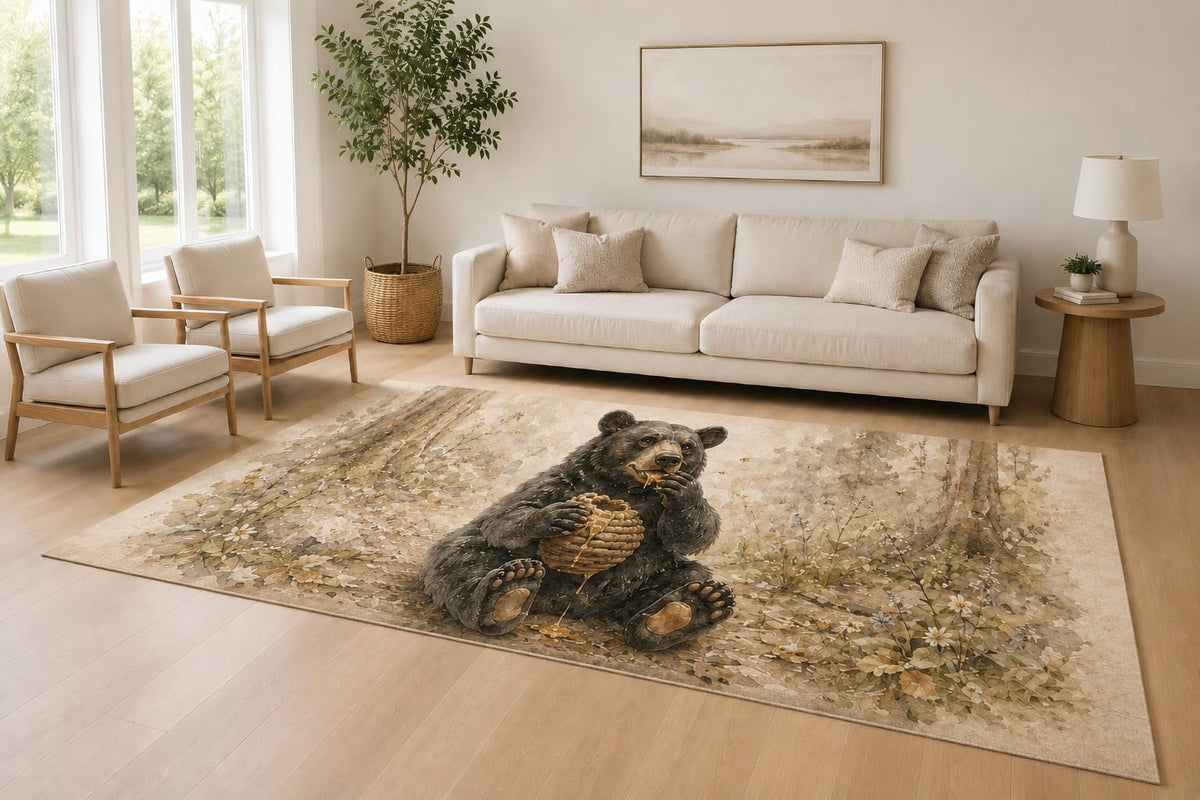 ICE ARMOR Large 6'7" x 9'10" Beige and Brown Forest Bear Area Rug for Living Room, Soft Low Pile Carpet with Non-Slip Silicone Backing, Decor for Bedroom and Home Office