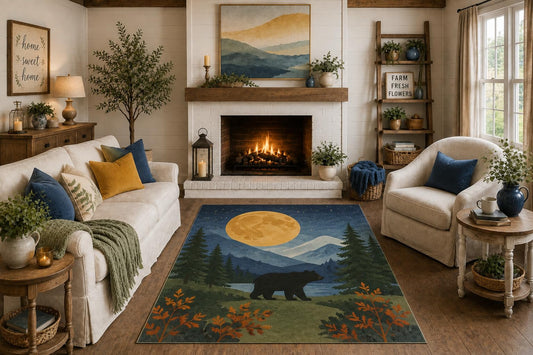 ICE ARMOR "Ultra Light Weight 5' x 7' Black Bear Moon Forest Area Rug, Rustic Mountain Woodland Nature Design for Living Room Cabin Bedroom, Non-Slip Silicone Backing Low Pile