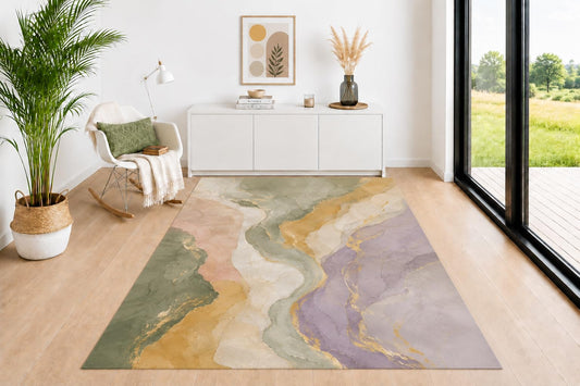 ICE ARMOR 5' x 7' Marble Area Rug, Luxury Fluid Stone Pattern in Sage Green Mauve Mustard Beige with Elegant Veining, Neutral Floor Carpet for Living Room Bedroom Decor
