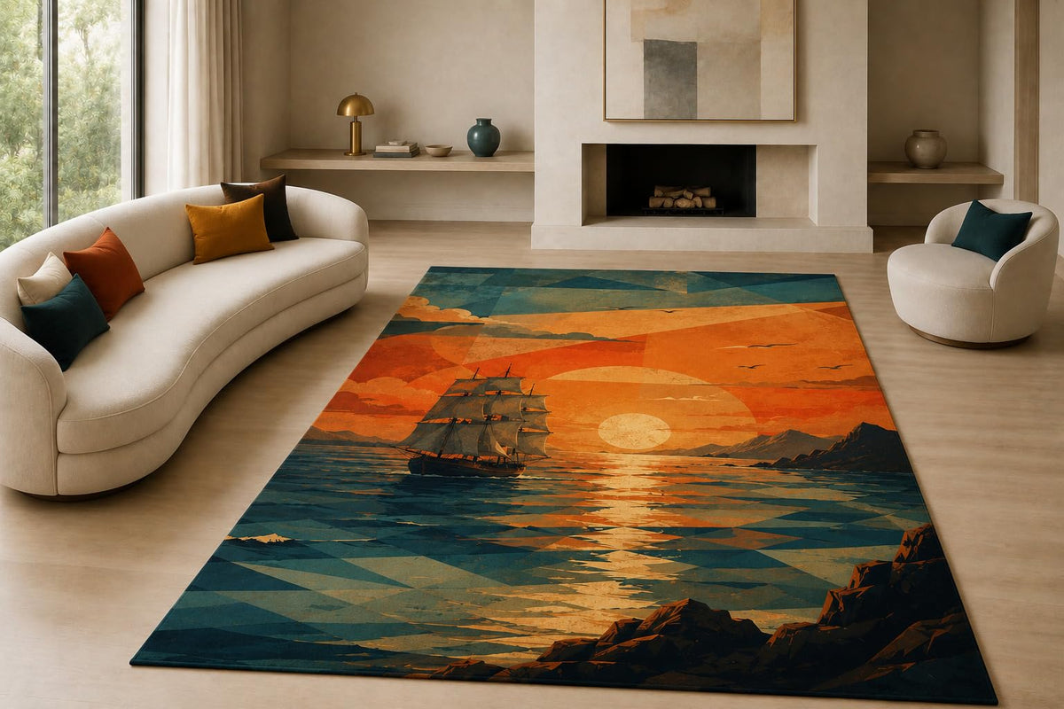 ICE ARMOR "Ultra Lightweight Large 6'7" x 9'10" Ocean Sunset Shapes Area Rug for Living Room, Bedroom and Home Office, Soft Low Pile Carpet with Non-Slip Silicone Backing, Orange and Teal