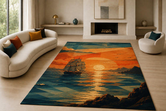 ICE ARMOR "Ultra Lightweight Large 6'7" x 9'10" Ocean Sunset Shapes Area Rug for Living Room, Bedroom and Home Office, Soft Low Pile Carpet with Non-Slip Silicone Backing, Orange and Teal