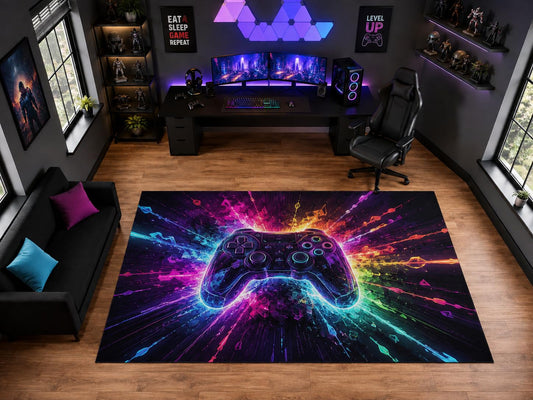 ICE ARMOR "Ultra Light Weight Large 6'7" x 9'10" Neon Game Controller Splash Area Rug for Playroom Decor, Soft Low Pile Indoor Rug with Non-Slip Silicone Backing, Black Multicolor