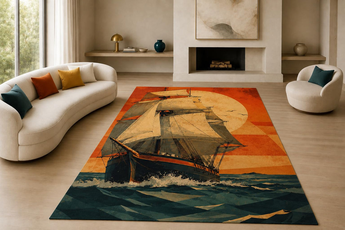 ICE ARMOR "Ultra Lightweight Large 6'7" x 9'10" Sailing Ship Shapes Area Rug for Living Room, Bedroom and Home Office, Soft Low Pile Carpet with Non-Slip Silicone Backing, Orange and Teal