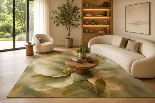 ICE ARMOR 6'7" x 9'10" Olive and Beige Watercolor Petal Area Rug for Living Room, Soft Low Pile Carpet with Non-Slip Silicone Backing, Floor Decor for Bedroom, Dining Area and Home Office
