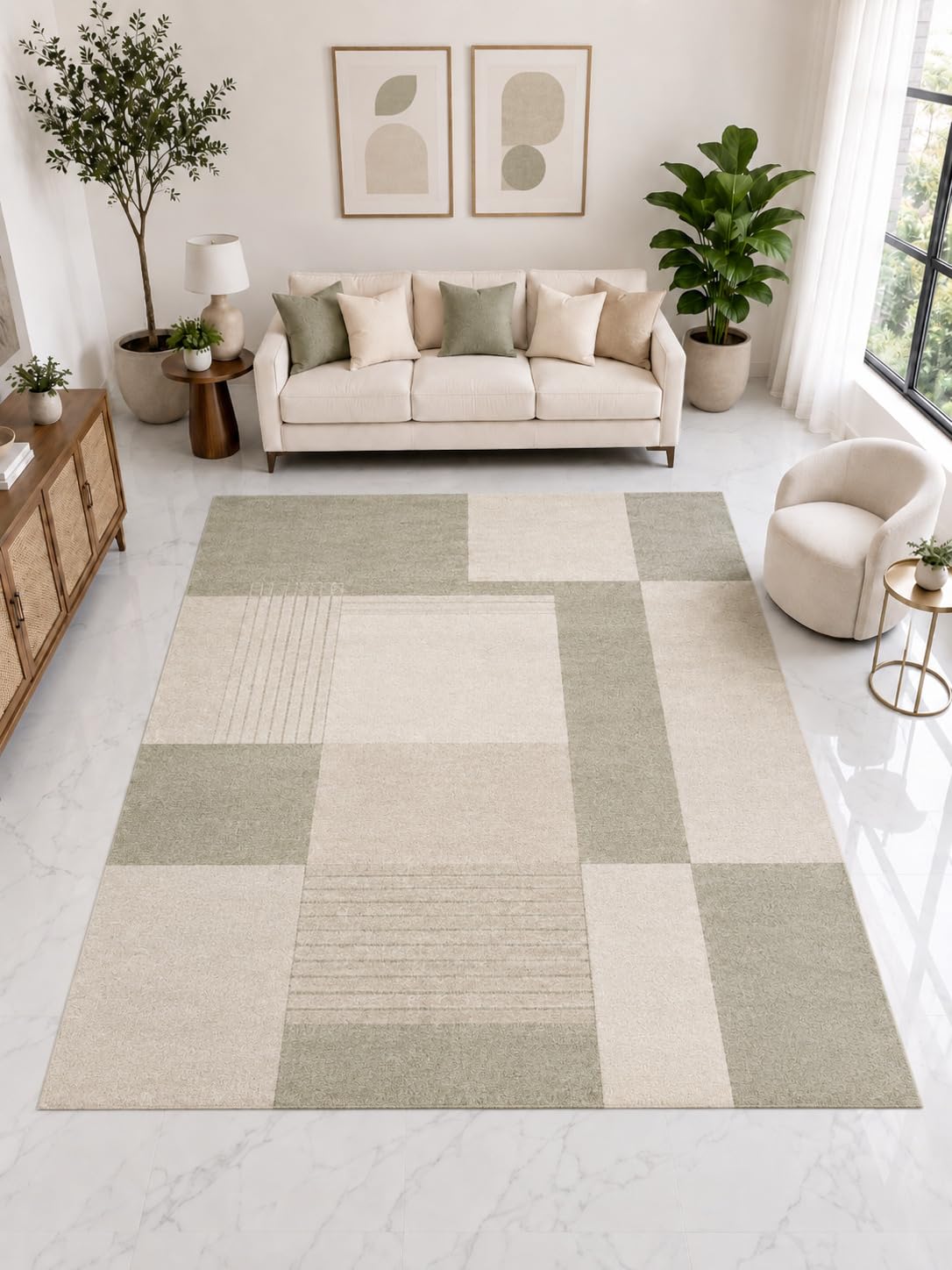 ICE ARMOR Large 6'7" x 9'10" Geometric Block Area Rug, Soft Low Pile Indoor Rug with Non-Slip Silicone Backing for Living Room Office, Beige Sage