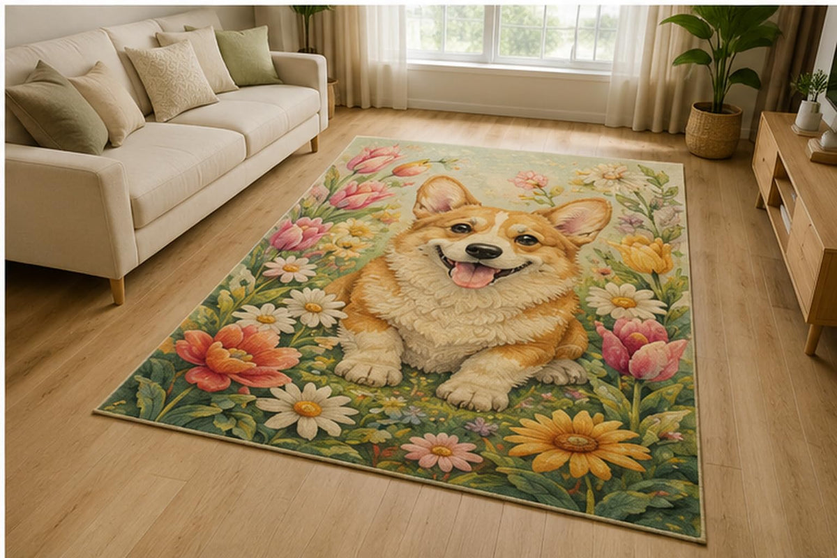 ICE ARMOR 5' x 7' Smiling Corgi Flower Garden Area Rug for Living Room, Soft Low Pile Indoor Rug with Non-Slip Silicone Backing, Cute Decor for Bedroom, Nursery, Playroom, Kids & Pets, Cream