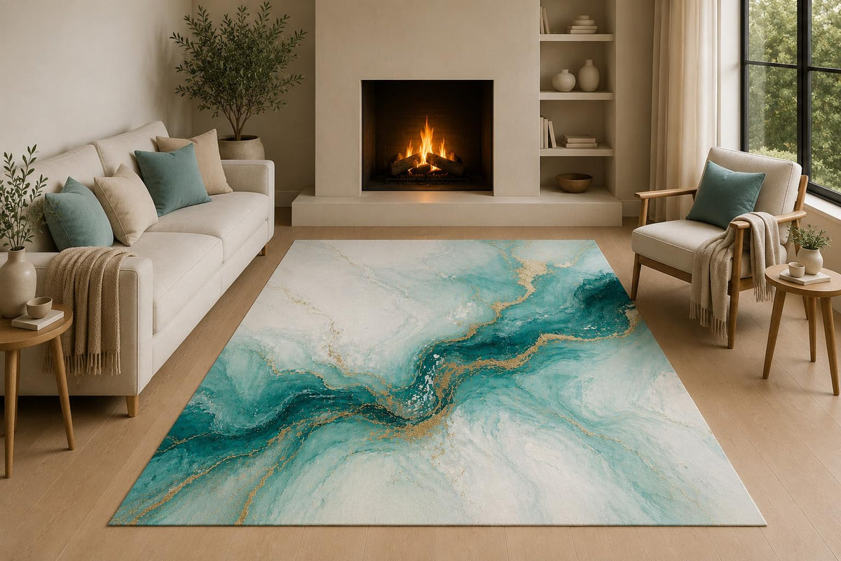 ICE ARMOR 5' x 7' Teal Marble Abstract Area Rug with Non-Slip Silicone Backing Low Pile Soft Carpet for Living Room Bedroom Office Modern Fluid Art Decor