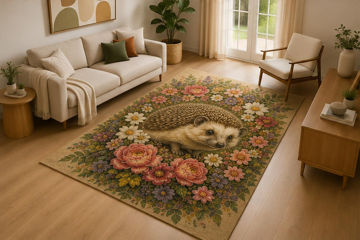 ICE ARMOR 5' x 7' Hedgehog Rose Garden Area Rug for Living Room, Soft Low Pile Indoor Rug with Non-Slip Silicone Backing, Woodland Floral Decor for Bedroom, Nursery, Kids Room, Kids & Pets
