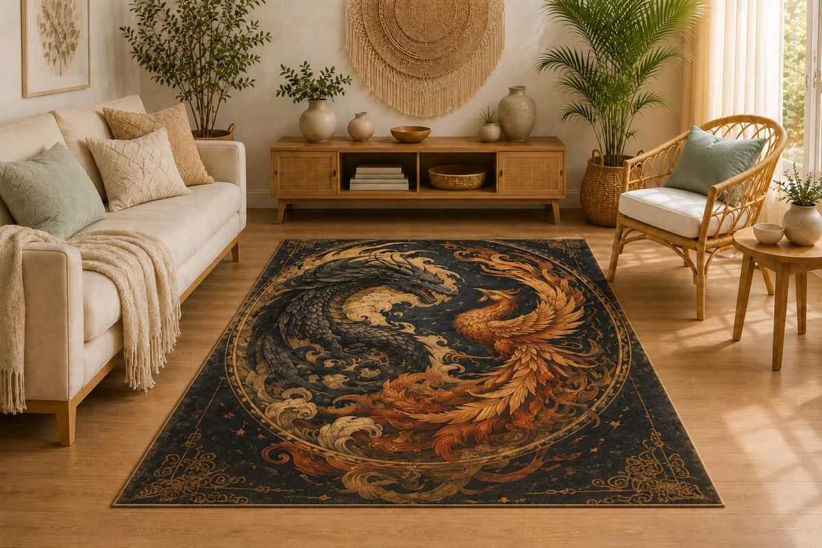 ICE ARMOR 5' x 7' Dragon and Phoenix Area Rug, Soft Low Pile Indoor Rug with Non-Slip Silicone Backing, Decorative Carpet for Living Room, Bedroom, Dining Room, Office, Mythical Yin Yang Design