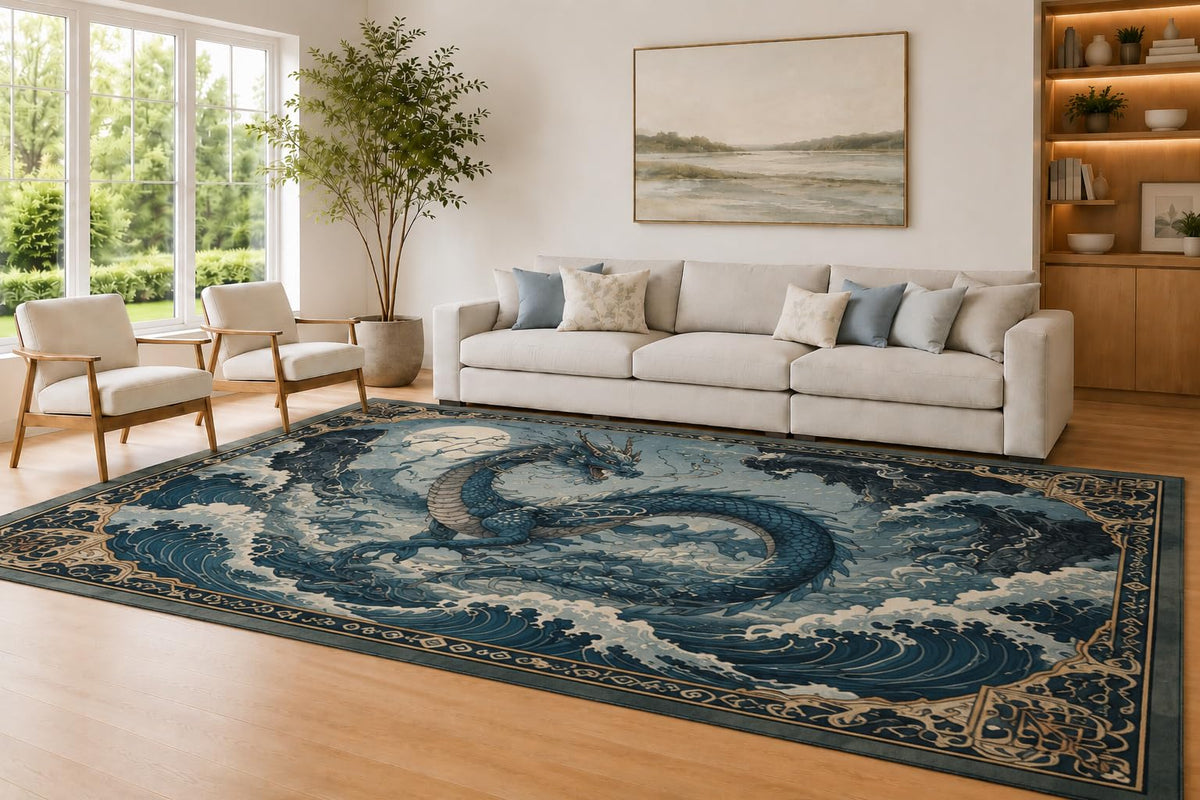 ICE ARMOR Large 6'7" x 9'10" Blue and Cream Ocean Dragon Area Rug for Living Room, Soft Low Pile Carpet with Non-Slip Silicone Backing, Decor for Bedroom and Home Office