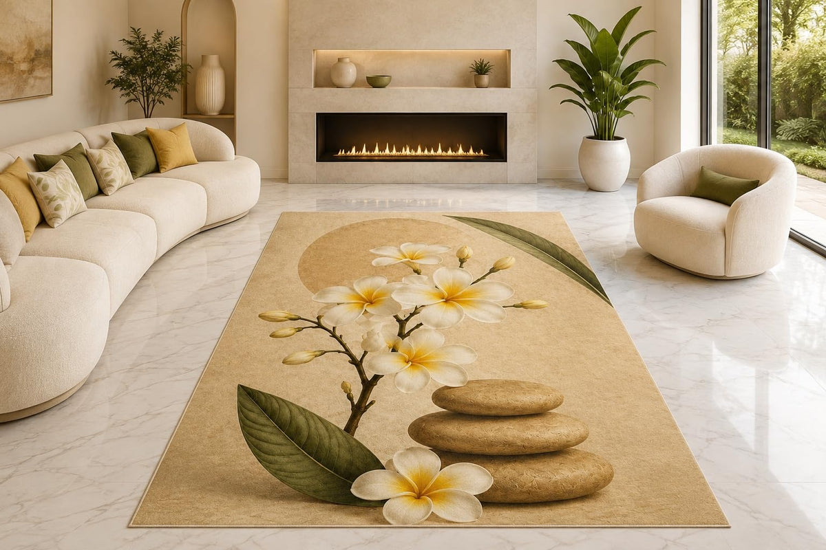 ICE ARMOR "Ultra Lightweight Large 6'7" x 9'10" Plumeria Spa Stones Area Rug for Living Room, Bedroom and Home Office, Soft Low Pile Carpet with Non-Slip Silicone Backing, Cream and Green