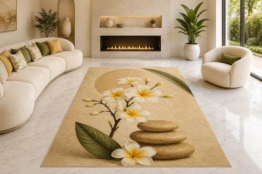 ICE ARMOR "Ultra Lightweight Large 6'7" x 9'10" Plumeria Spa Stones Area Rug for Living Room, Bedroom and Home Office, Soft Low Pile Carpet with Non-Slip Silicone Backing, Cream and Green