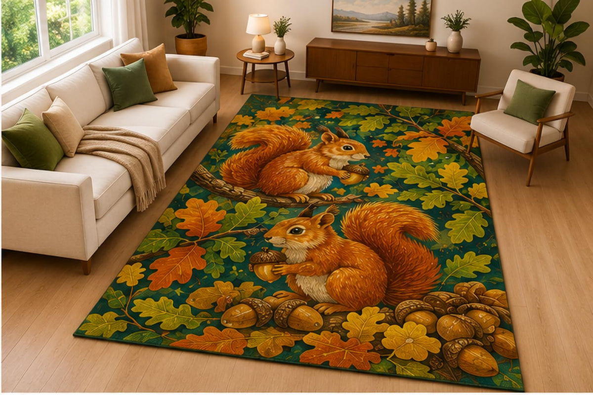 ICE ARMOR 5' x 7' Squirrel Forest Nature Area Rug Soft Low Pile Indoor Rug with Non Slip Silicone Backing Woodland Animal Decor Carpet for Living Room Bedroom Family Room Kids and Pets Green
