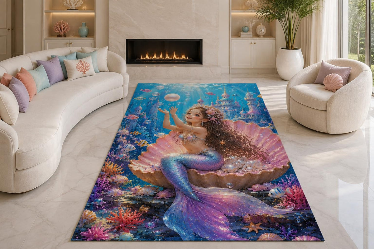 ICE ARMOR "Ultra Lightweight Large 6'7" x 9'10" Mermaid Seashell Area Rug for Living Room, Bedroom and Home Office, Soft Low Pile Carpet with Non-Slip Silicone Backing, Purple and Blue