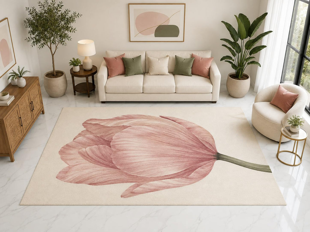ICE ARMOR "Ultra Light Weight Large 6'7" x 9'10" Pink Tulip Floral Rug, Soft Low Pile Indoor Rug, Non-Slip Silicone Backing for Living Room Pink