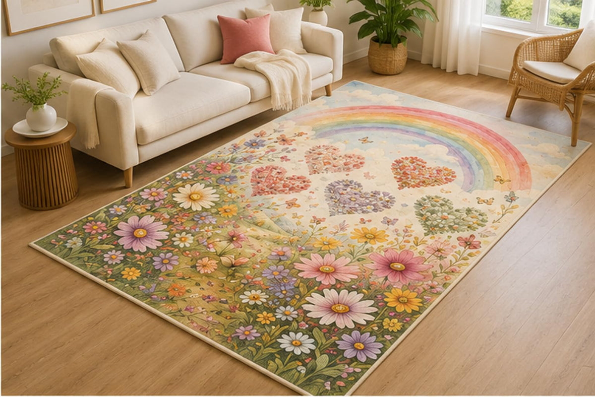 ICE ARMOR 5' x 7' Rainbow Floral Hearts Meadow Area Rug for Living Room, Soft Low Pile Indoor Rug with Non-Slip Silicone Backing, Decorative Carpet for Bedroom, Nursery, Kids Room, Kids & Pets, Cream