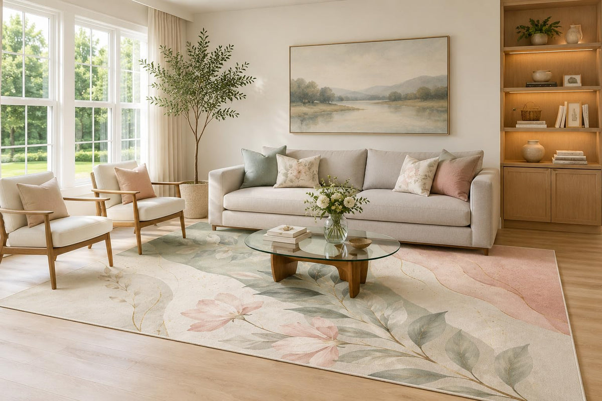 ICE ARMOR Large 6'7" x 9'10" Sage Green and Blush Pink Floral Waves Area Rug for Living Room, Soft Low Pile Carpet with Non-Slip Silicone Backing, Decor for Bedroom and Home Office