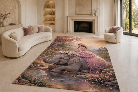 ICE ARMOR "Ultra Lightweight Large 6'7" x 9'10" Girl Elephant Stream Area Rug for Living Room, Bedroom and Home Office, Soft Low Pile Carpet with Non-Slip Silicone Backing, Pink and Gray