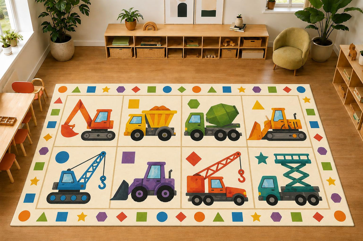 ICE ARMOR Large 6'7" x 9'10" Construction Trucks Area Rug, Soft Low Pile Indoor Rug with Non-Slip Silicone Backing for Kids Room Playroom, Ivory