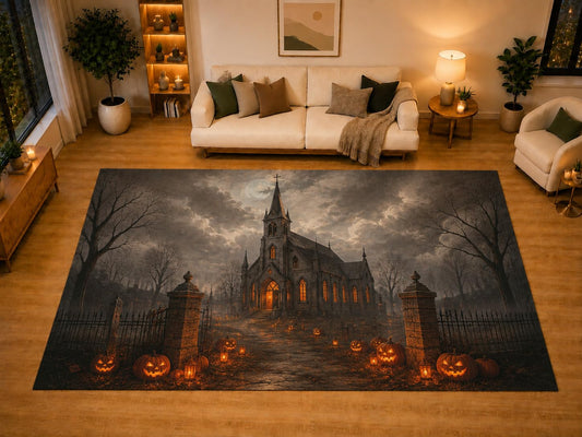 ICE ARMOR "Ultra Light Weight Large 6'7" x 9'10" Gothic Church Pumpkin Cemetery Area Rug for Living Room Bedroom, Soft Low Pile Non-Slip Backing, Black Orange Haunted Halloween Decor
