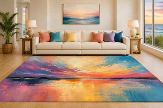 ICE ARMOR "Ultra Lightweight Large 6'7" x 9'10" Vibrant Ocean Horizon Area Rug for Living Room, Bedroom and Home Office, Soft Low Pile Carpet with Non-Slip Silicone Backing, Blue and Pink
