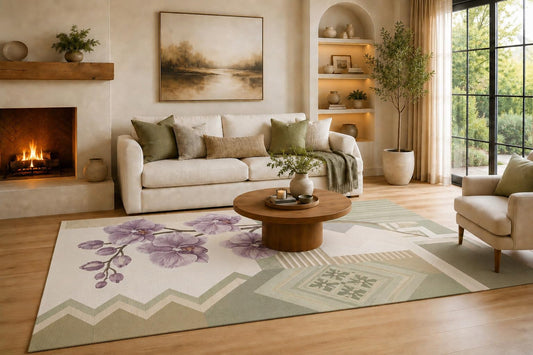 ICE ARMOR Large 6'7" x 9'10" Lavender, Sage Green and Cream Patchwork Area Rug for Living Room, Soft Low Pile Carpet with Non-Slip Silicone Backing, Decor for Bedroom, Dining Area and Home Office