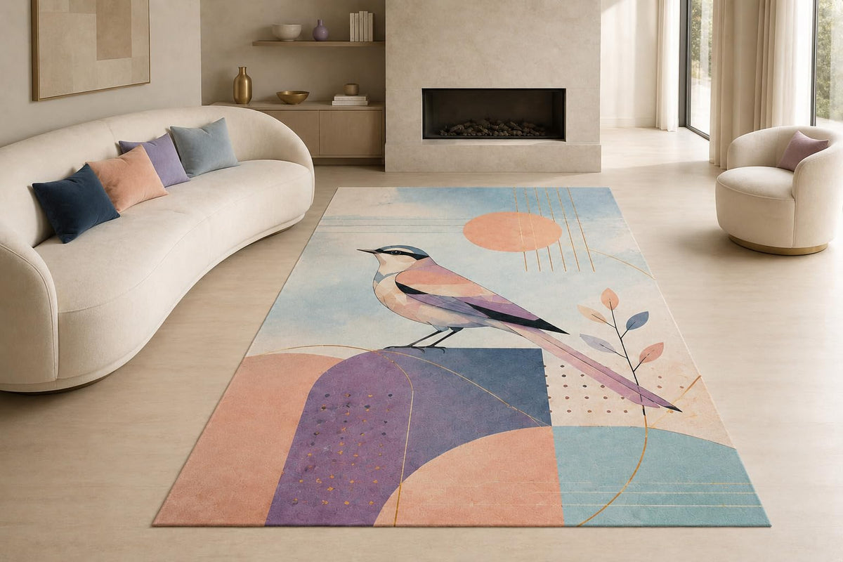ICE ARMOR "Ultra Lightweight Large 6'7" x 9'10" Pastel Bird Shapes Area Rug for Living Room, Bedroom and Home Office, Soft Low Pile Carpet with Non-Slip Silicone Backing, Purple and Peach