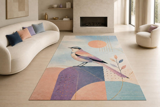 ICE ARMOR "Ultra Lightweight Large 6'7" x 9'10" Pastel Bird Shapes Area Rug for Living Room, Bedroom and Home Office, Soft Low Pile Carpet with Non-Slip Silicone Backing, Purple and Peach